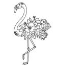 Flamingo black line style for coloring book. Vector flamingo with tropical flowers decoration isolated on white background for pri