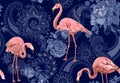 Flamingo on a blue background, jungle. Seamless pattern with flamingos and tropical plants. Vector clipart. Colorful Royalty Free Stock Photo