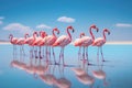 Flamingo in the blue lagoon of Salar de Uyuni, Bolivia, Group birds of pink african flamingos walking around the blue lagoon on a