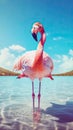 flamingo in clear blue water in front of blue sky, generative ai illustration