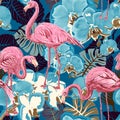 Flamingo on a colorful background. Seamless pattern with flamingos and tropical plants. Colorful pattern for textile Royalty Free Stock Photo