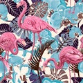 Flamingo on a colorful background. Seamless pattern with flamingos and tropical plants. Colorful pattern for textile Royalty Free Stock Photo