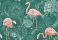 Flamingo on a colorful background. Seamless pattern with flamingos and tropical plants. Colorful pattern for textile Royalty Free Stock Photo