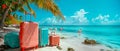 Flamingo and Colorful Luggage on Tropical Beach. Travel, holiday and leisure concept