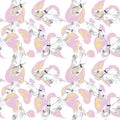 Flamingo, colorful summer foliage shadow watercolor seamless pattern on white.
