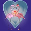 Flamingo couple in cartoon style vector illustration. Against the background of the heart and the sea, a pair of flamingos look at Royalty Free Stock Photo