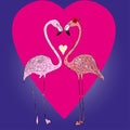 Flamingo couple in cartoon style vector illustration. Against the background of the heart and the sea, a pair of flamingos look at Royalty Free Stock Photo