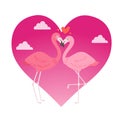 Flamingo couple in love cartoon animal lovers characters on loving date on Valentines day, kissing loved bird vector Royalty Free Stock Photo