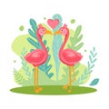 Flamingo coupWindy illustration of two pink flamingos love each other. Love couple of birds on a jungle leaf background. Children