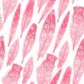 Flamingo feather pink hand drawn swirls. Seamless pattern. Vector illustration isolated on white.