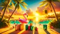 Flamingo Float and Colorful Luggage on Tropical Beach. Travel, holiday and leisure concept