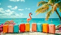 Flamingo Float and Colorful Luggage on Tropical Beach. Travel, holiday and leisure concept