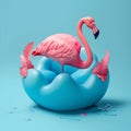 Flamingo floating in blue water with feathers. 3d rendering