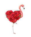 Flamingo with floral heart and red rose flowers. Unusual watercolor for Valentine day Royalty Free Stock Photo