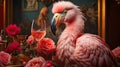 Flamingo with a glass of wine and roses. Generative AI