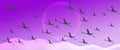 Flamingo Group Flock Silhouette Flying on Violet Gradient Header Background