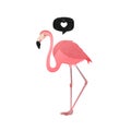 Flamingo. Heart icon. Vector illustration. Pink tropical bird and black speech bubble with heart icon. Royalty Free Stock Photo