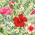 Flamingo, hibiscus and tropical leaves