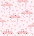 Flamingo inlove seamless pattern. Cute Flamingo with hearts on pink background