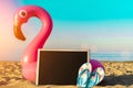 Flamingo isolated. Funny pink toy flamingo with blackboard, slippers for text on summer ocean nature beach background in sunny Royalty Free Stock Photo