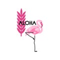 Flamingo label and tropical leaf. The inscription `Aloha`.