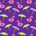 flamingo lifebuoys on swimming pool background. Editable vector illustration wallpaper for textile. Beach umbrella