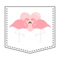 Flamingo love couple pocket print. Pink heart. T-shirt design. Cartoon animals. Cute baby character. Dash line. Bird animal. White