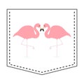 Flamingo love couple pocket print. T-shirt design. Cartoon animals. Cute baby character. Dash line. Bird animal. White background. Royalty Free Stock Photo