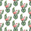 Flamingo and Monstera. Batonic pattern.