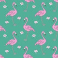 Flamingo omputer graphic seamless pattern illustration with pink exotic birds and hearts on teal background