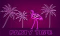 Flamingo and palm trees neon tropic banner Vector. Summer Night club poster label. Bright glowing signboards Royalty Free Stock Photo