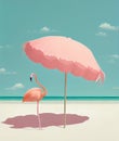 Flamingo with a parasol on the tropical beach, pastel pink color, holiday and summer concept, generative AI