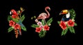 Flamingo, parrot, toucan embroidery patches with bouquet of tropical flowers