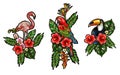 Flamingo, parrot, toucan embroidery patches with bouquet of tropical flowers
