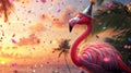 Flamingo with a party hat and confetti scattered all around, standing in front of a tropical sunset. . Royalty Free Stock Photo
