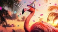 Flamingo with a party hat and confetti scattered all around, standing in front of a tropical sunset. . Royalty Free Stock Photo