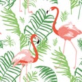Seamless pattern with flamingos and leaves of the palm tree. Royalty Free Stock Photo