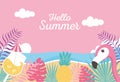 Flamingo pineapple cocktail beach sea exotic tropical leaves, hello summer lettering Royalty Free Stock Photo