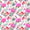 Flamingo with pink flowers, tropicl leaves, jungle flowers. Seamless pattern in black and white colors. Watercolor Royalty Free Stock Photo