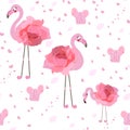 Flamingo with pink hand drawn roses, hearts and cactus