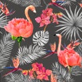 Flamingo With Pink Peony Flowers, Tropical Leaves And Exotic Flowers. Seamless Pattern On Black Background. Watercolor