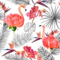 Flamingo with pink peony flowers, tropical leaves, exotic flowers. Seamless pattern in neutral grey and pink colors