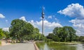 Flamingo pond in front of the TV tower in Dortmund