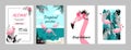 Flamingo posters. Tropical banners and birthday invitation to summer party with pink birds and exotic leaves. Cartoon