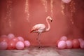 Flamingo in a room fullof balloons and decoration. Summer party concept. Ai generative. illustration