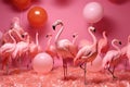 Flamingo in a room fullof balloons and decoration. Summer party concept. Ai generative. illustration