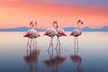 Flamingo in the salt lake at sunset. Group of pink flamingos, Four Flamingos walking across a sandbar in perfect unison, AI Royalty Free Stock Photo