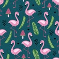 Flamingo seamless pattern with banana leaves and watermelon ice cream. Cute tropical wallpaper and fabric print. Doodle vector