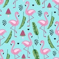 Flamingo seamless pattern with banana leaves and watermelon ice cream. Cute tropical wallpaper and fabric print. Doodle vector