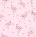 Flamingo seamless pattern. Cute Flamingo with hearts on pink background